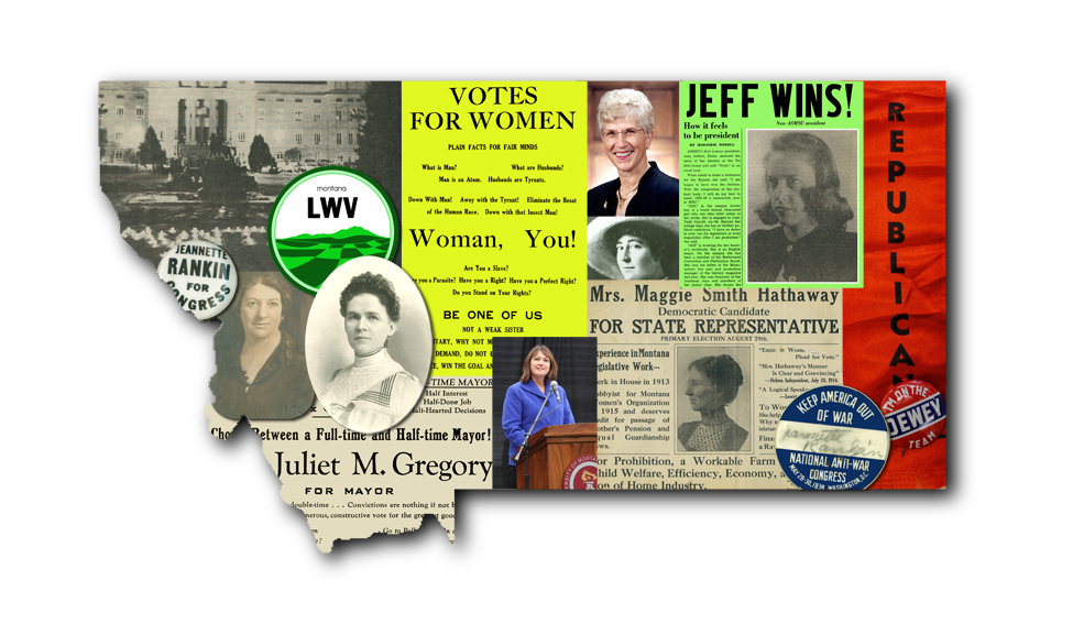 From left: Marguerite Gertrude Buckhous, UM’s first professional librarian; Ella J. Knowles Haskell, Montana’s first female lawyer; Montana Superintendent of Public Instruction Denise Juneau, first Native American elected to a state office; Judy Martz, first female governor of Montana; Jeannette Rankin, first female elected to Congress; Maggie Smith Hathaway, one of the first two women elected to the Montana Legislature; Jane Jeffers, first elected female president of the Associated Students of UM (Photo collage by Mark Fritch, UM Archives and Special Collections)